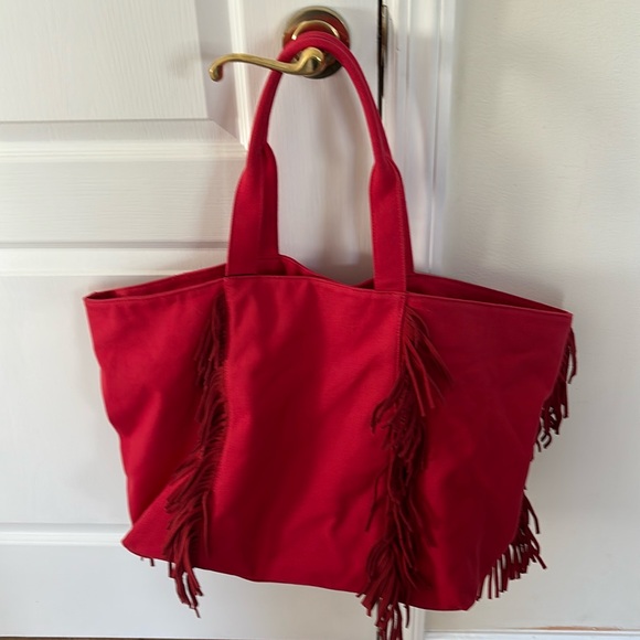 MILA LOS ANGELES Handbags - MILA LOS ANGELES LADIES RED CANVAS FRINGE BOHO TOTE BAG